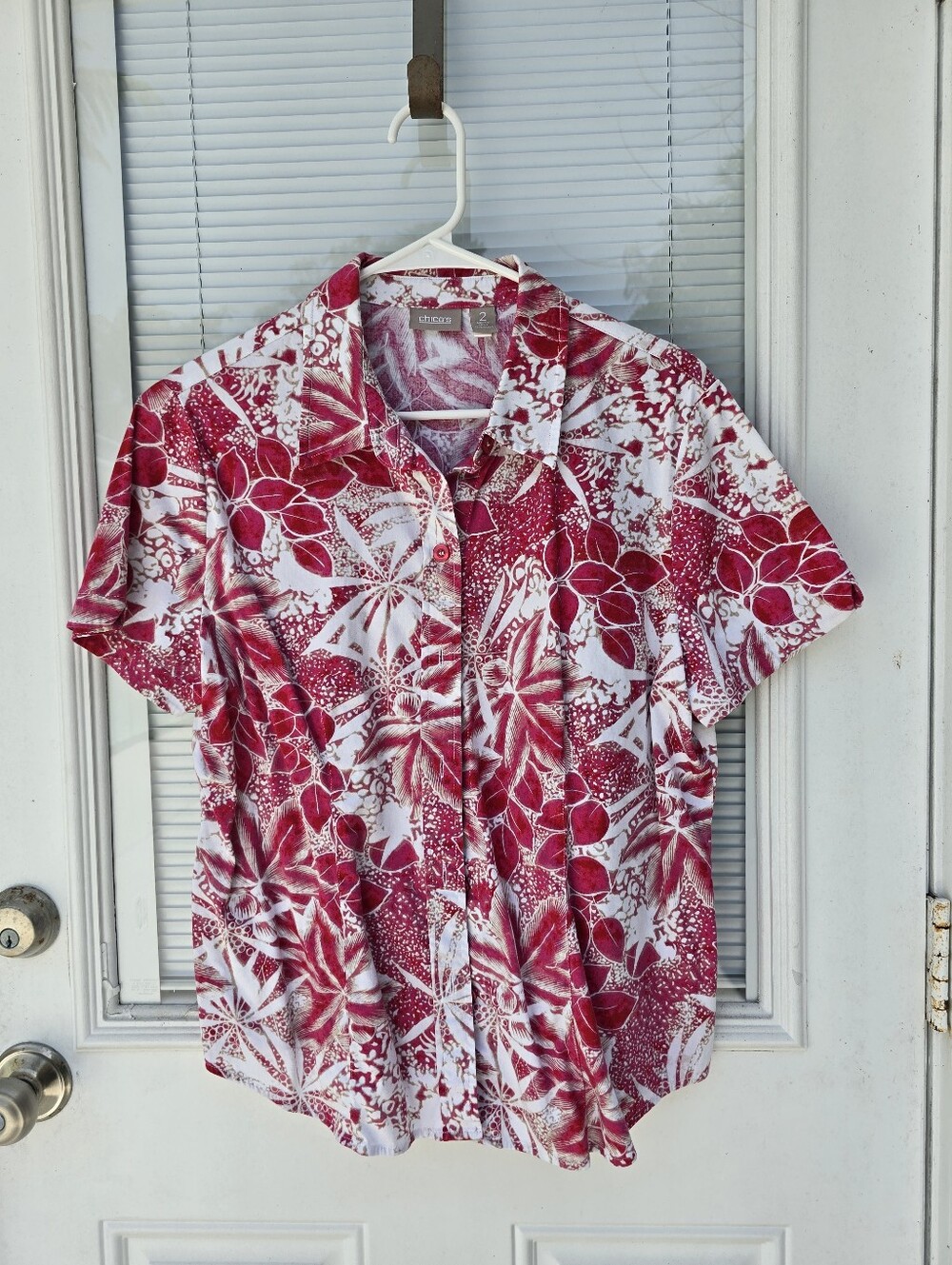 Chicos Red and White Floral Short-Sleeve Button-Down Shirt